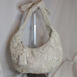 Antik Kraft ANTHROPOLOGIE Crochet Floral Cotton Mesh Hobo Bag - Ivory NWT